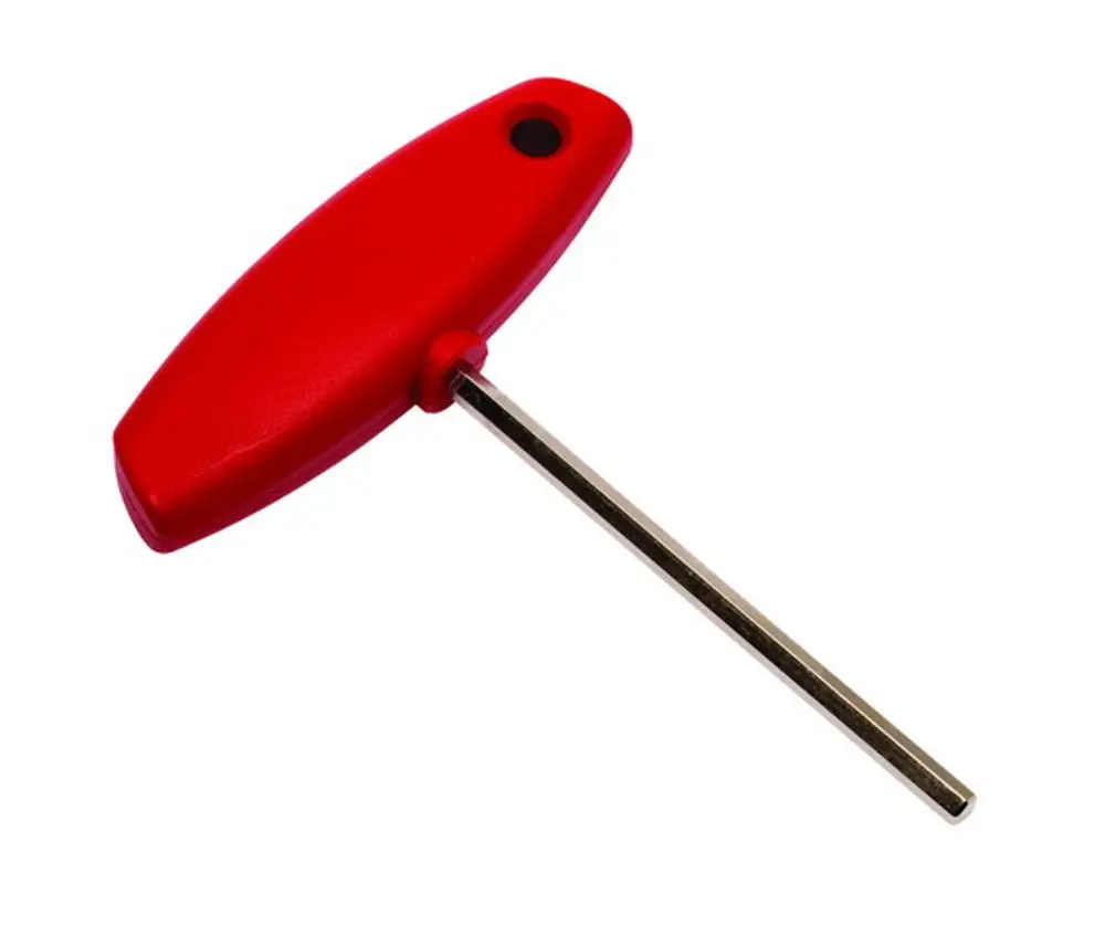 Roter Innensechskantschlüssel mit metallischer Klinge, geeignet für Anwendungen von IMI Hydronic Engineering, zum Beispiel in Verbindung mit STAF- und STAD-Produkten.